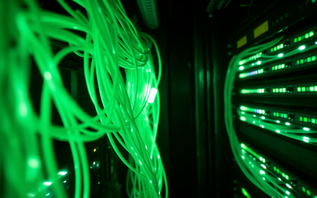 Cabos de fibra óptica iluminados em rack de datacenter