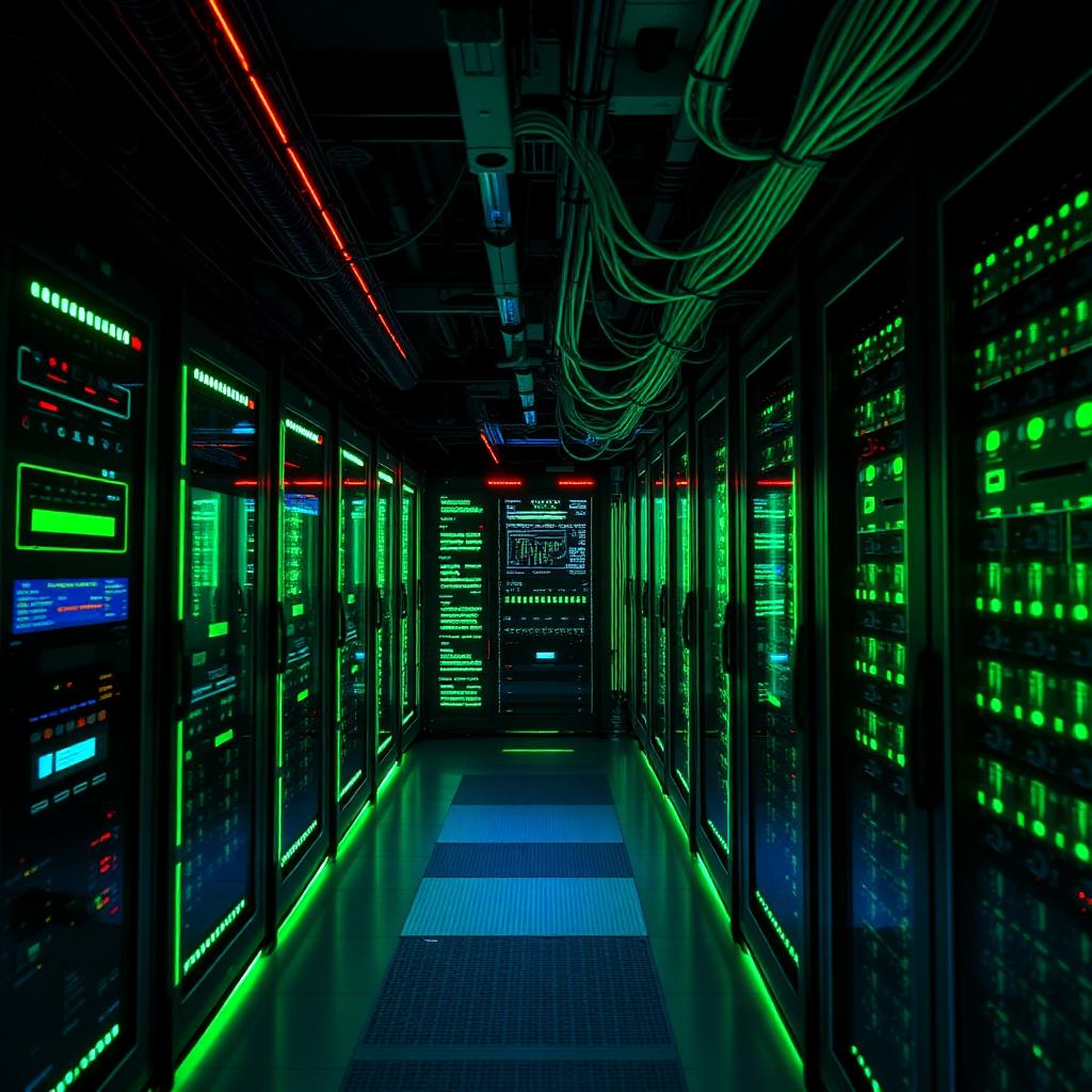 Centro de operações de rede com racks e fibra óptica