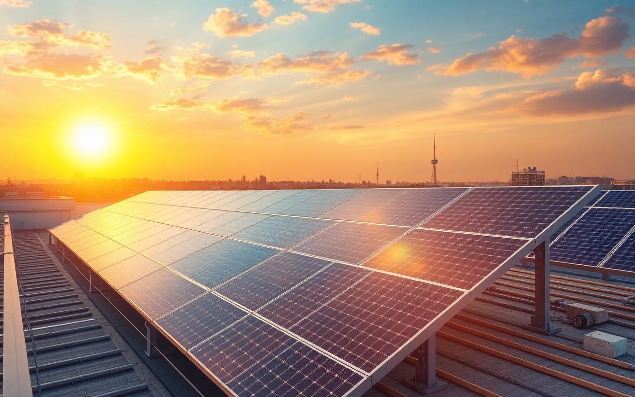 Painéis solares fotovoltaicos em telhado comercial ao pôr do sol